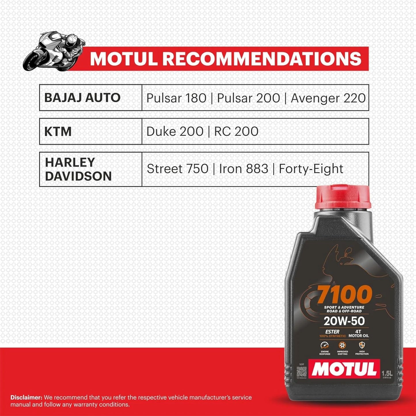 Motul 7100 4T 20W50 | API SN Fully Synthetic Ester Petrol | Engine Oil for Bikes (1.5L)