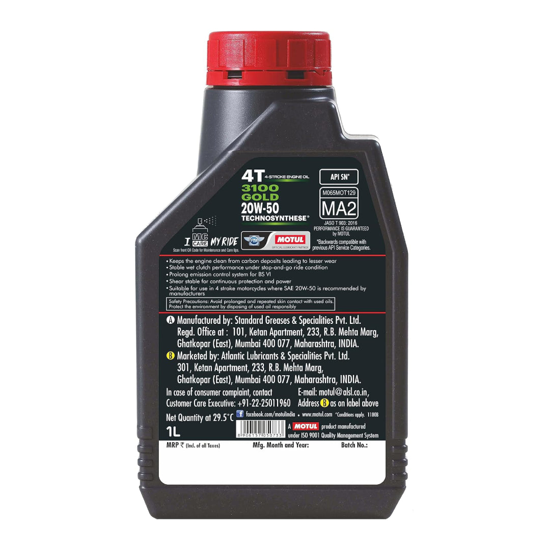 Motul 3100 20W50 | 4T Gold Technosynthese - Semi Synthetic | Engine Oil for Bikes (1L)