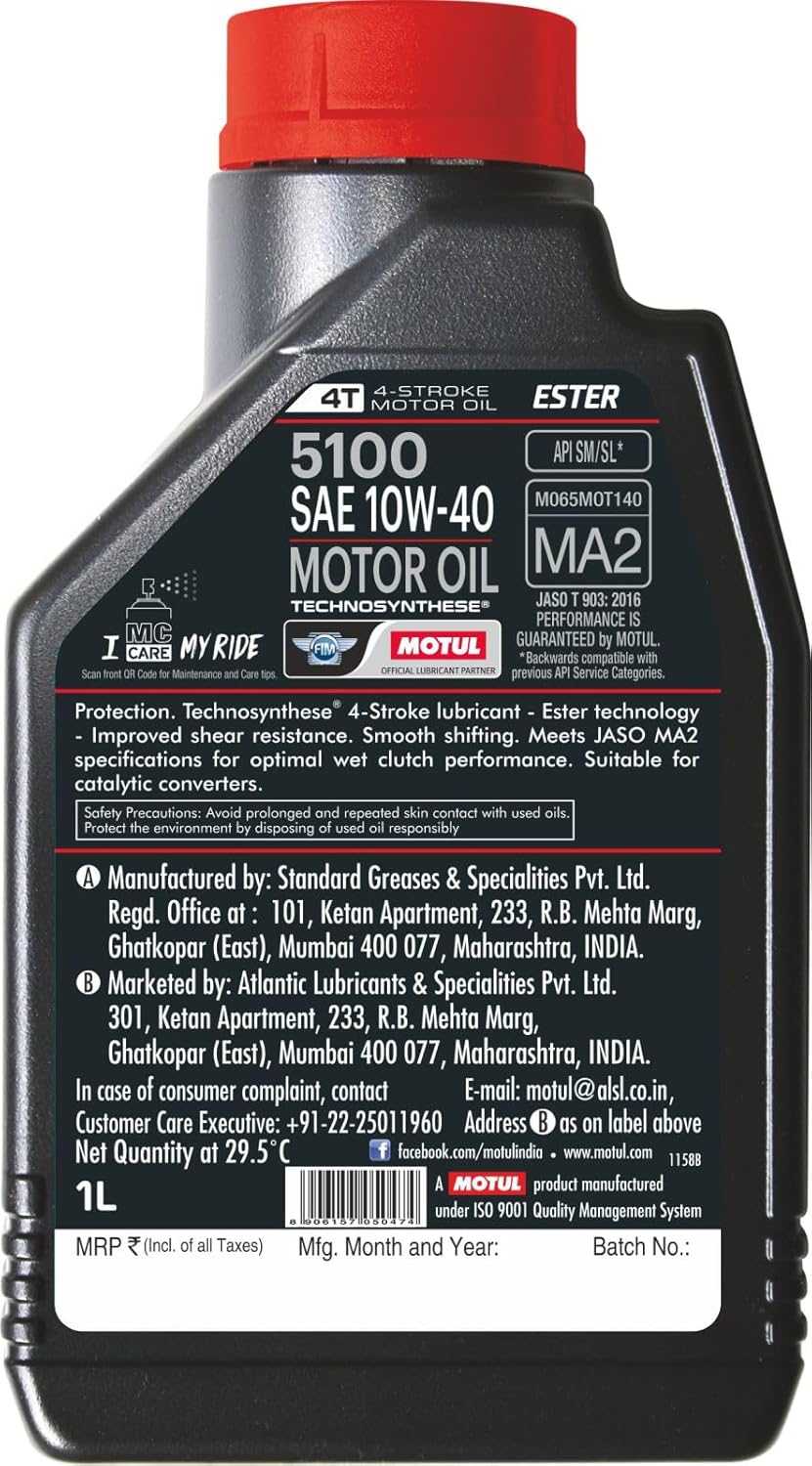 Motul 5100 10W40 | 4T Technosynthese - Semi Synthetic | Engine Oil for Bikes (800L)