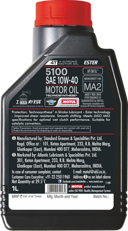 Motul 5100 10W40 | 4T Technosynthese - Semi Synthetic | Engine Oil for Bikes (800L)