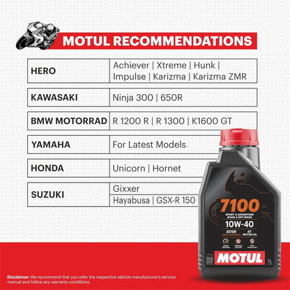 Motul 7100 4T 10W40 | API SN Fully Synthetic Ester Petrol | Engine Oil for Bikes (1L)